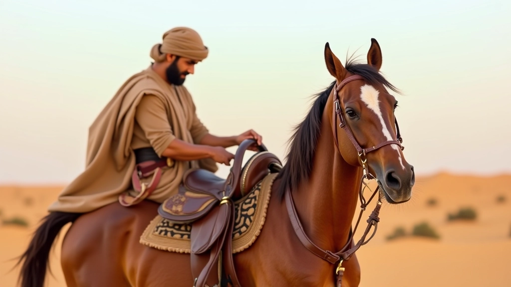 فارس وحصان يستعدان للسباق مع التركيز على تفاصيل المعدات والتجهيزات