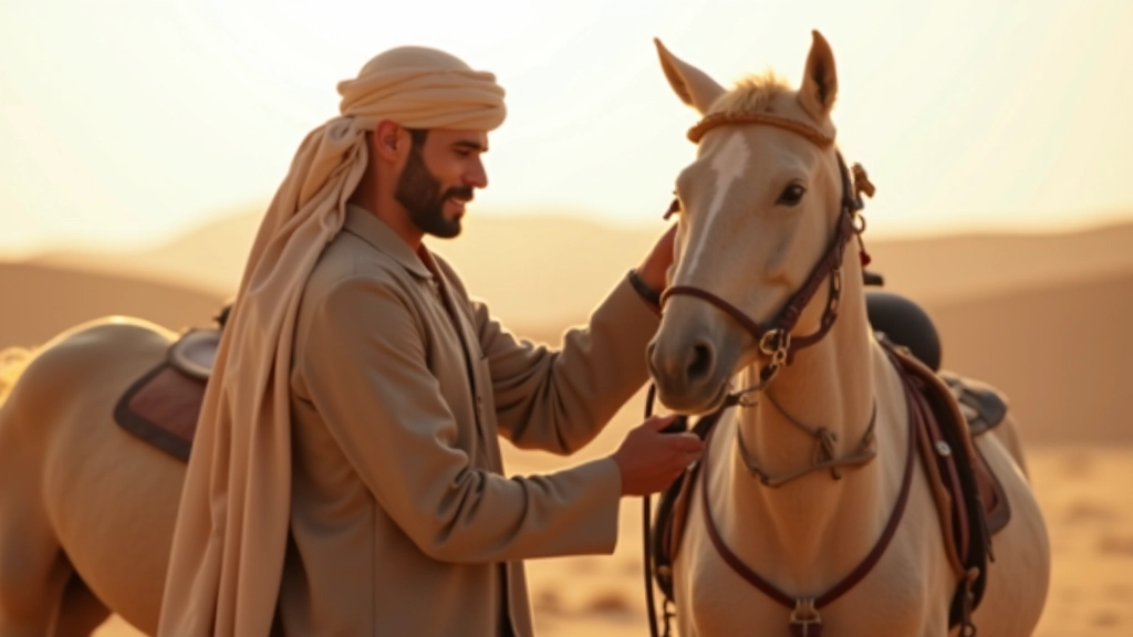 فارس يرتدي ملابس تقليدية يعد حصانه للسباق مع معدات الفروسية الاحترافية