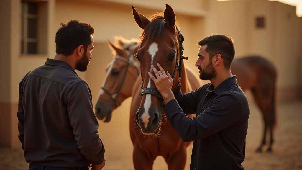مدرب متخصص يفحص صحة الحصان العربي في منشأة تدريبية حديثة