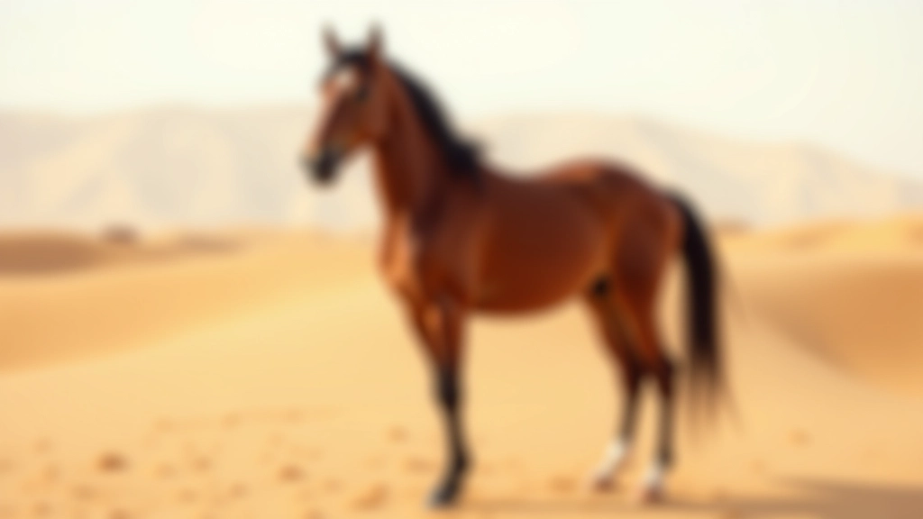 خيل عربي بني اللون يقف في وضعية عرض احترافية على أرض رملية ناعمة
