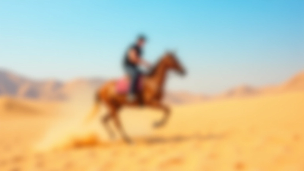 فارس يركب حصاناً عبر صحراء مصرية مع تضاريس متنوعة وطقس صافٍ