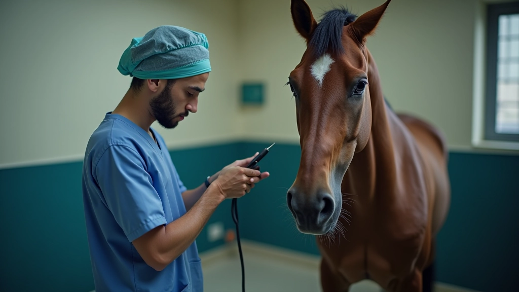 طبيب بيطري يفحص حصاناً عربياً في عيادة مجهزة، معدات طبية وأضاءة احترافية